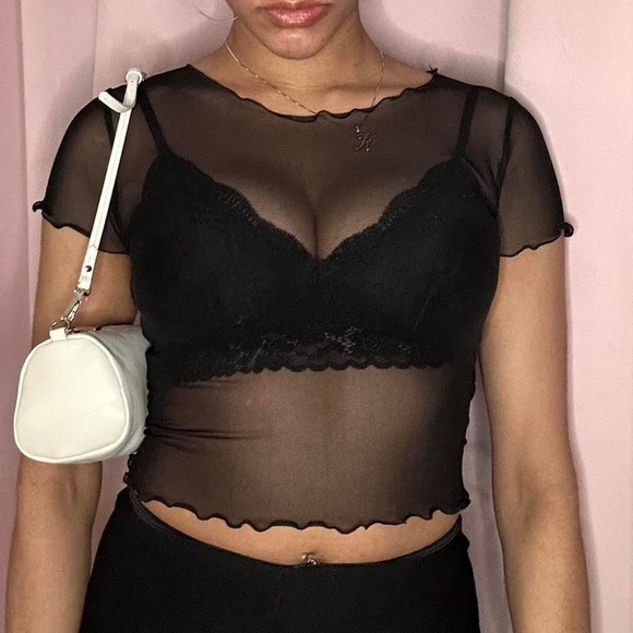Short sleeve black mesh crop top - Picture 1 of 4
